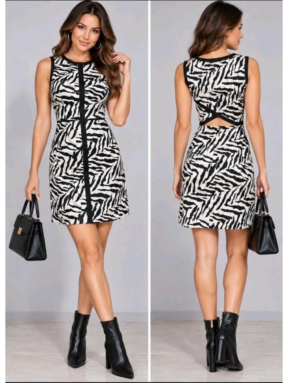KAREN MILLEN US 4 Zebra Print Mini Shift Dress White/black Sleeveless Cutout #C